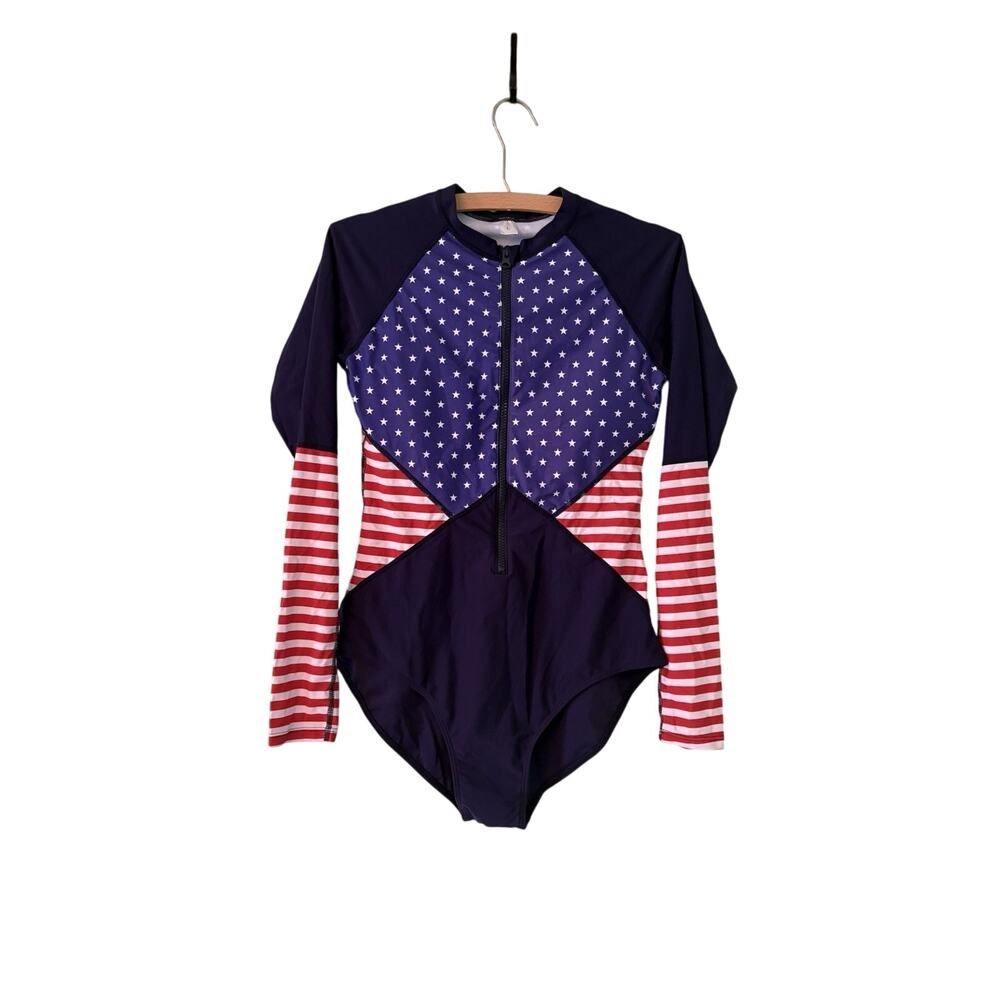 Women’s Large American Flag Padded RashGuard Paddle Surf Swimsuit Sleeve